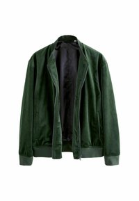 Giacca bomber in velluto verde con zip frontale, polsini e orlo a coste, e tasche laterali. L'interno è nero, con una fodera liscia.
