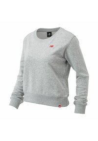 Gray sweatshirt made of cotton blend, featuring a round neckline, ribbed cuffs and hem, and a small red logo on the left chest.