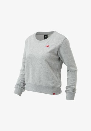 Gray sweatshirt made of cotton blend, featuring a round neckline, ribbed cuffs and hem, and a small red logo on the left chest.