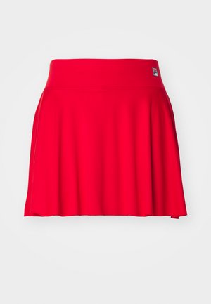 Red knee-length skirt made of stretchy fabric with a smooth texture. Features a wide waistband and flared design. Brand logo on waistband.
