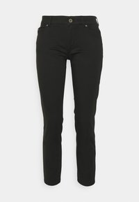 Pantalon noir en tissu mélangé de coton. Présente une coupe droite, deux poches avant, une fermeture à bouton et des détails de couture subtils.