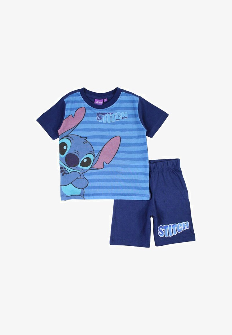 Ensemble de pyjama en coton comprenant une chemise à manches courtes bleue avec des rayures horizontales et un personnage de dessin animé, associée à un short bleu uni.