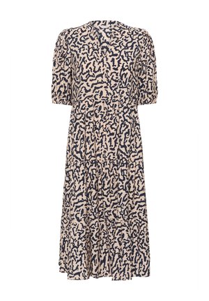 Abito stampato con scollatura a V, maniche corte a sbuffo e volant a strati. Caratterizzato da una base beige con un motivo astratto scuro. Tessuto leggero.