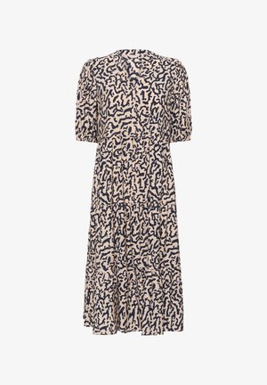 Abito stampato con scollatura a V, maniche corte a sbuffo e volant a strati. Caratterizzato da una base beige con un motivo astratto scuro. Tessuto leggero.
