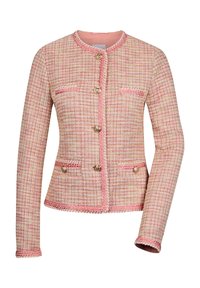 Pinke Tweed-Jacke mit rundem Ausschnitt, goldenen Knöpfen und einem strukturierten Muster. Verfügt über zwei Fronttaschen und eine gewellte Kante an den Rändern.