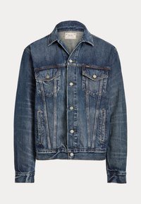 Modrá denimová bunda s knoflíkovým zapínáním, dvěma knoflíkovými náprsními kapsami, dvěma bočními kapsami a límcem, s jemně vybledlými detaily.