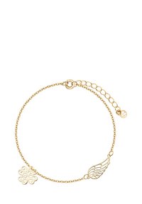 Złoty bransoletka z łańcuszka z ozdobnym kwiatowym charms oraz wzorem skrzydeł, z zapięciem typu lobster i regulowanym łańcuszkiem do dopasowania rozmiaru.