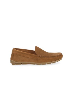 Men's brown suede loafer with stitched detailing and rubber sole, shown in side profile on white background.