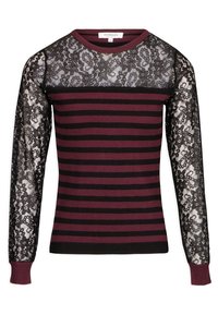 Gestreepte bordeauxrode en zwarte trui met lange doorzichtige zwarte kantmouwen en een solide kanten bovenpaneel. Geribde cuffs en halslijn voor structuur.