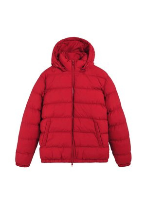 Rote gepolsterte Winterjacke mit Kapuze, Frontreißverschluss und zwei seitlichen Taschen, entworfen für Wärme und den Einsatz im Freien.