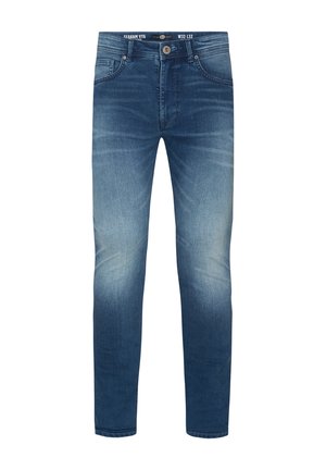 Blugi din denim albastru închis, cu croială dreaptă, ușor decolorati în zona coapselor, cu un design cu cinci buzunare și închidere cu nasture la talie.