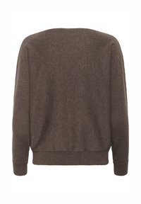 Brūns adīts džemperis ar garām piedurknēm, ribota apmale un apakša. Gluda tekstūra, apaļa kakla izgriezums un vienkāršs, minimālistisks dizains.