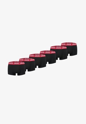 Seven pairs of black boxer briefs with red waistbands featuring the white Levi's logo, arranged in a diagonal line on a white background.