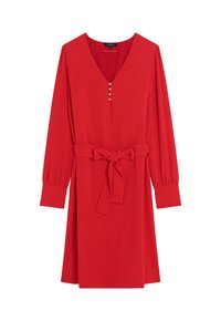 Rotes Kleid mit V-Ausschnitt, langen Ärmeln und taillierter Taille. Mit dekorativen Knöpfen auf der Vorderseite. Glattes Material.
