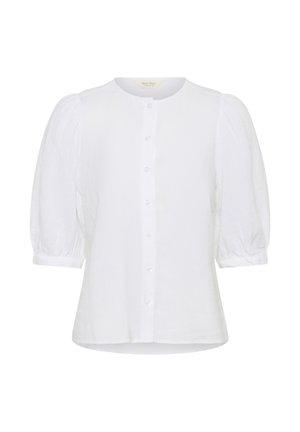 Fehér, gombos blúz púpos, háromnegyedes ujjakkal és kerek nyakkivágással, könnyű anyagból.