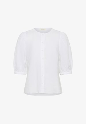 Fehér, gombos blúz púpos, háromnegyedes ujjakkal és kerek nyakkivágással, könnyű anyagból.