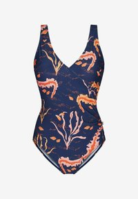 En one-piece baddräkt med en mörk marinblå bas och mönster av korall- och rosa vattenväxter, V-ringad design och rynkning på sidan.
