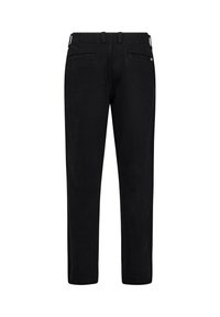 Sorte bukser med lige pasform, lavet af glat stof. Har en livrem med bæltestropper og to baglommer. Minimalistisk design.