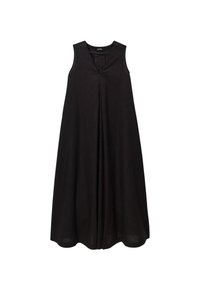 Robe noire sans manches avec un décolleté en V et des plis, réalisée en tissu léger. Le design présente une silhouette fluide et une coupe au genou.