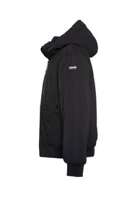 Schwarze gesteppte Jacke mit Kapuze, Reißverschluss vorne, gerippten Bündchen und Seitentaschen. Verfügt über ein Logo-Patch auf der linken Brust.