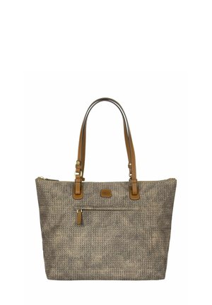 Sac fourre-tout en tissu tissé marron avec des poignées en cuir beige, doté d'une fermeture zippée et d'une poche avant. Surface texturée avec des motifs subtils.