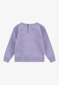 Lila sweatshirt, tillverkad av mjukt tyg, med rund halsringning, ribbade ärmar och en liten sprund bak. Enkel, ren design utan mönster.