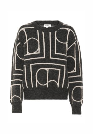 Pulover tricotat gri închis, cu un model geometric abstract crem, gât rotund și mansete și tiv cu detalii ribben.