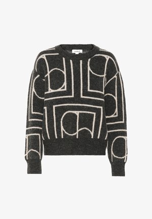 Pulover tricotat gri închis, cu un model geometric abstract crem, gât rotund și mansete și tiv cu detalii ribben.