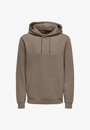 Felpa con cappuccio di colore marrone chiaro, realizzata in tessuto morbido. Presenta una tasca frontale, corde di regolazione e polsini e orlo a coste.