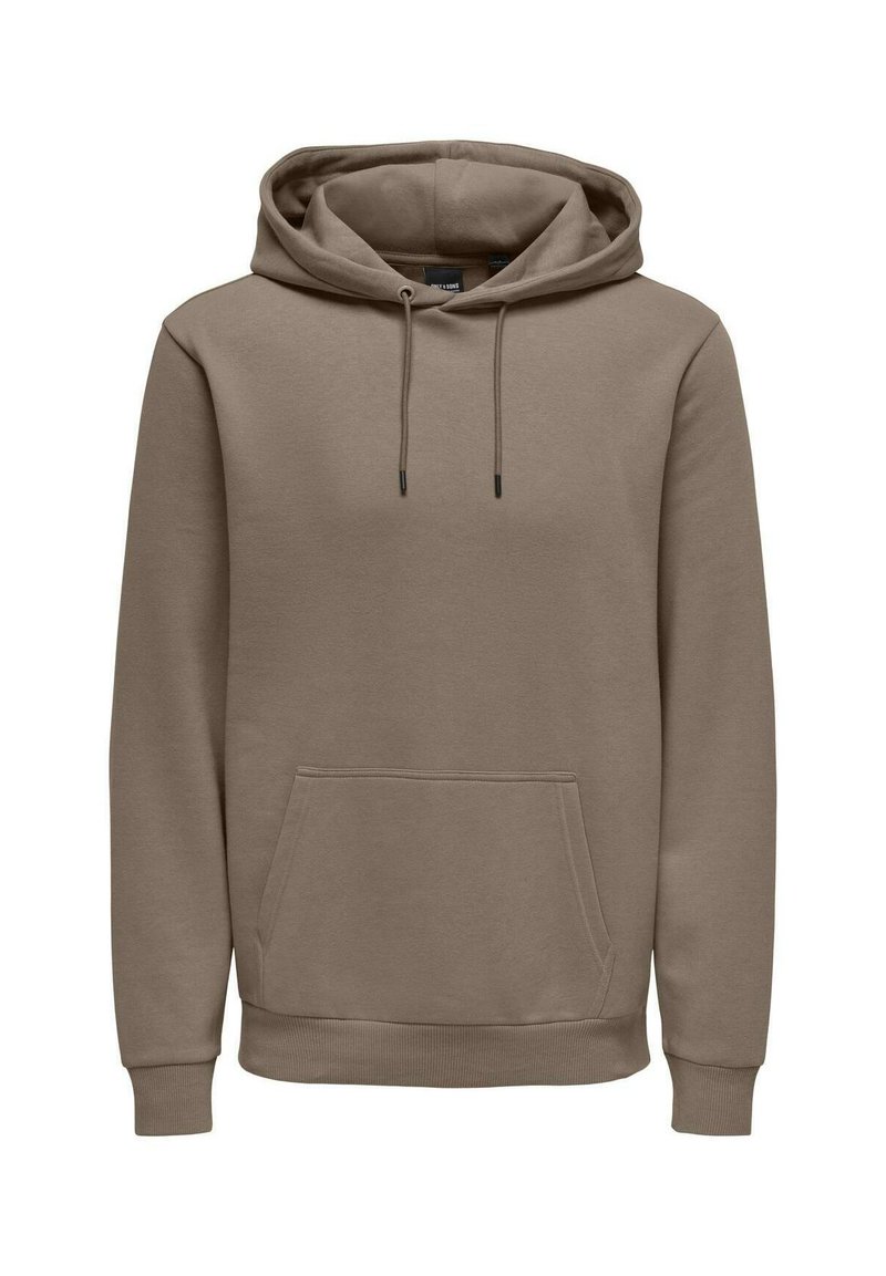 Sudadera con capucha de color marrón claro, fabricada en tejido suave. Cuenta con un bolsillo frontal, cordones y puños y dobladillo acanalados.