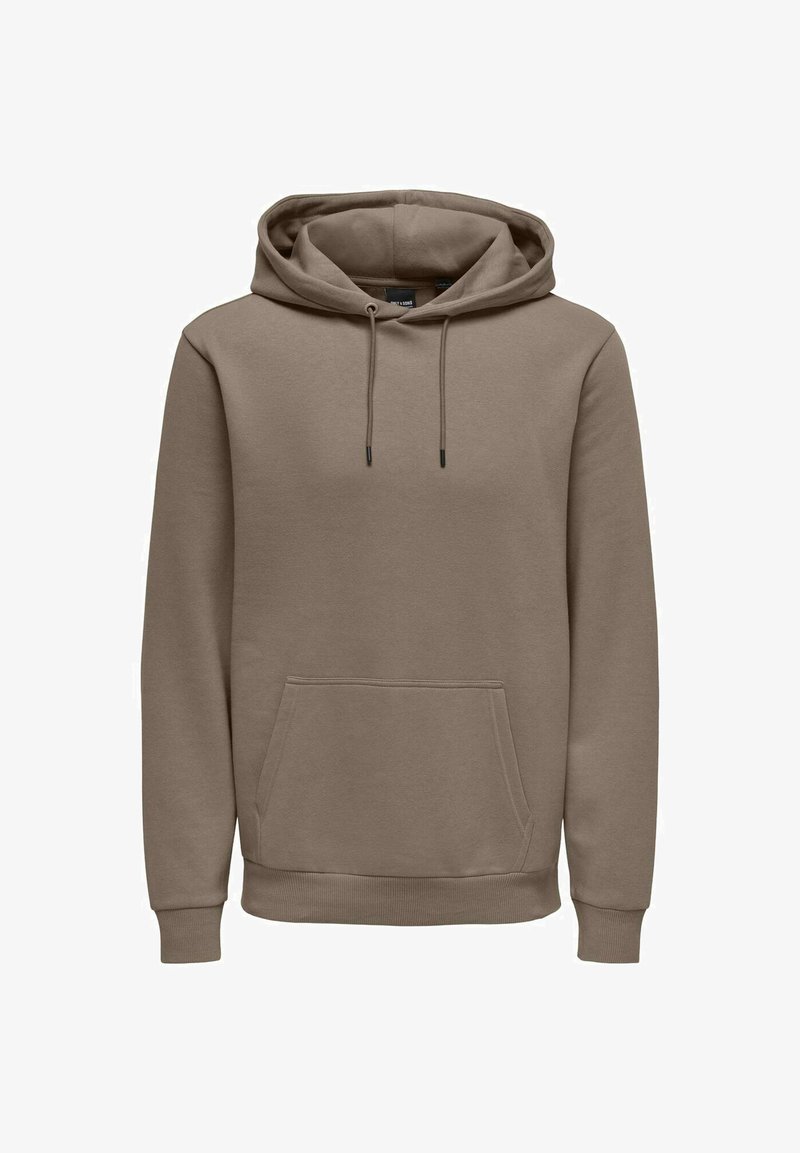 Sudadera con capucha de color marrón claro, fabricada en tejido suave. Cuenta con un bolsillo frontal, cordones y puños y dobladillo acanalados.