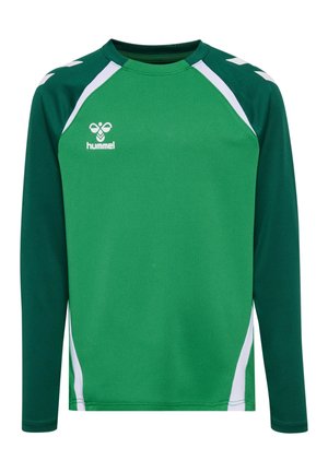 Zielona i ciemnozielona sportowa koszulka z długim rękawem, z białymi akcentami i białym logo hummel na lewej piersi.