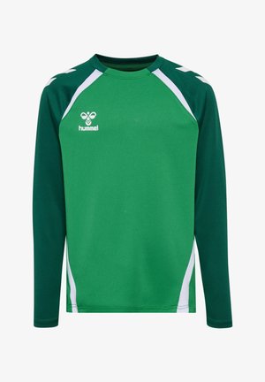 Zielona i ciemnozielona sportowa koszulka z długim rękawem, z białymi akcentami i białym logo hummel na lewej piersi.