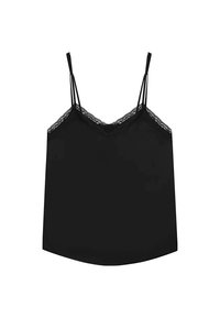 Camisola nera con rifiniture in pizzo, spalline sottili regolabili, tessuto morbido e orlo curvo. Design semplice e aderente.