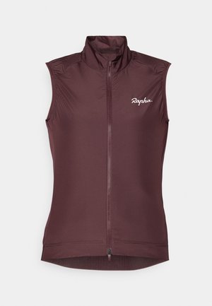 Bezrukávová cyklistická vesta vo tmavobordovej farbe. Vyrobená z ľahkého materiálu s vysokým golierom, plným predným zipsom a jemným logom na hrudi.