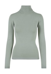 Schlank geschnittenes, salbeigrünes Rollkragensweatshirt mit langen Ärmeln sowie gerippten Bündchen, Kragen und Saum.