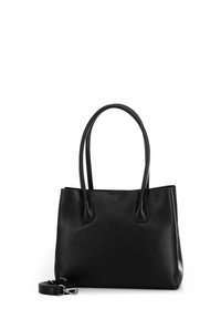 Sac fourre-tout en cuir noir avec surface texturée, deux poignées robustes et une bandoulière détachable. Forme rectangulaire et design minimaliste.