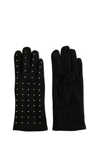 Guantes negros de material suave, con tachuelas doradas en un guante, textura lisa y un patrón de corazones en la zona de la muñeca.