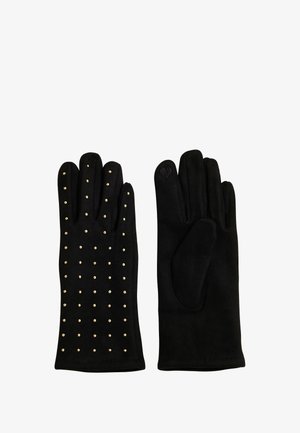 Guantes negros de material suave, con tachuelas doradas en un guante, textura lisa y un patrón de corazones en la zona de la muñeca.