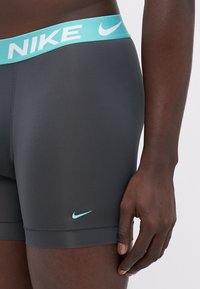 Sive kratke športne hlače z modrim Nike logotipom na pasu in manjšim modrim Nike znamkom na spodnjem delu hlač. Gladek material s šivanimi robovi.
