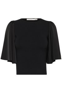 Top negru cu mâneci scurte tip puff, realizat dintr-un material transparent, decolteu rotund și un croi ajustat. Textură moale cu o finisare netedă.