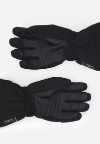 Zwarte handschoenen met een leren palm en stoffen bovenkant, voorzien van elastische manchet en stiksels voor een stevige pasvorm.