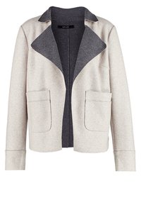 Lys grå uldblazer med en mørkegrå krave, åben foran, to påsyede lommer og et cropped design. Har en struktureret, blød fremtoning.