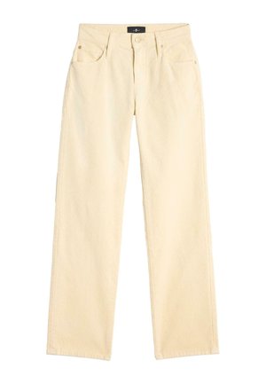 Lys gule denimjeans med en lige ben-design, der har fem lommer, en knaplukning og bæltestropper. Tekstureret stof med en glat overflade.