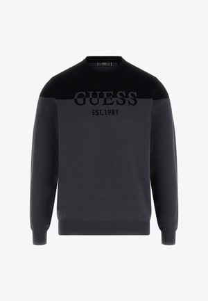 Schwarzer Pullover mit einfarbigem Design und kontrastierendem strukturiertem Einsatz, auf der Brust mit "GUESS EST. 1981" versehen.