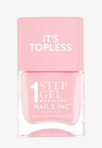 Nails.INC 1 Step Gel Manicure i klar glassflaske, med en rosa kork med hvit tekst som leser "DET ER TOPPLØST." 14 ml kapasitet.