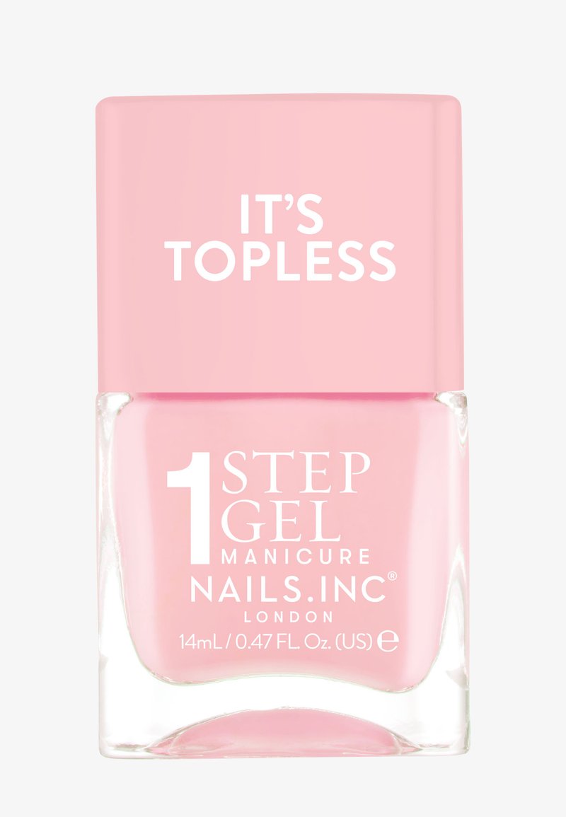 Nails.INC 1 Step Gel Manicure i klar glassflaske, med en rosa kork med hvit tekst som leser "DET ER TOPPLØST." 14 ml kapasitet.