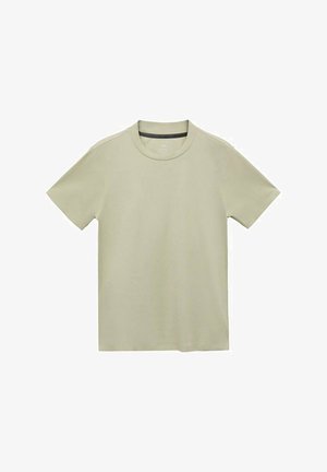 T-shirt a maniche corte, di colore verde chiaro, realizzato in morbido cotone, con scollo rotondo e design semplice senza motivi o dettagli visibili.