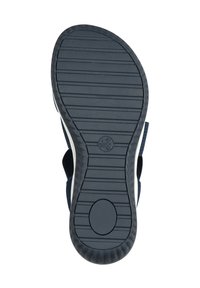 Navy rubber sandal sole with horizontal grooves, textured surface, and a circular emblem. Adjustable strap loops on each side.