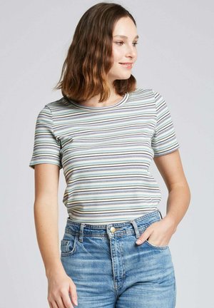 T-shirt rayé dans des couleurs claires, avec une texture côtelée et un col rond. Associé à un jean bleu taille haute.